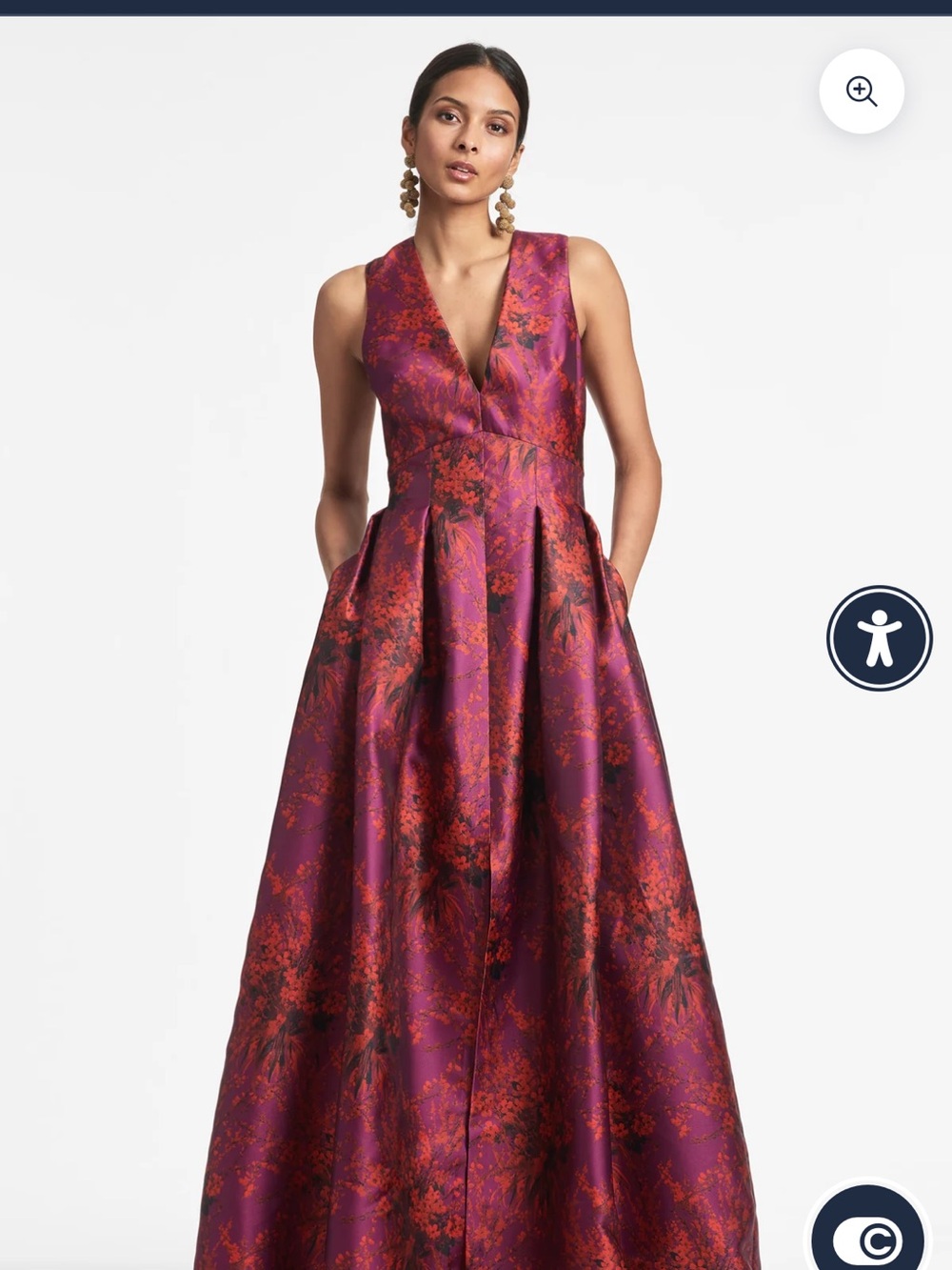 Sachin + Babi Red & Purple Floral Jacquard V-Neck Gown